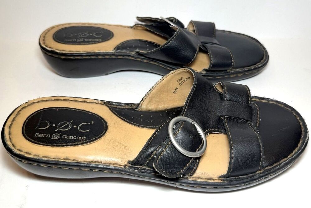 b.o.c. Born Concept Black Leather Slide Sandals Wedge Comfort Shoes Women’s 8